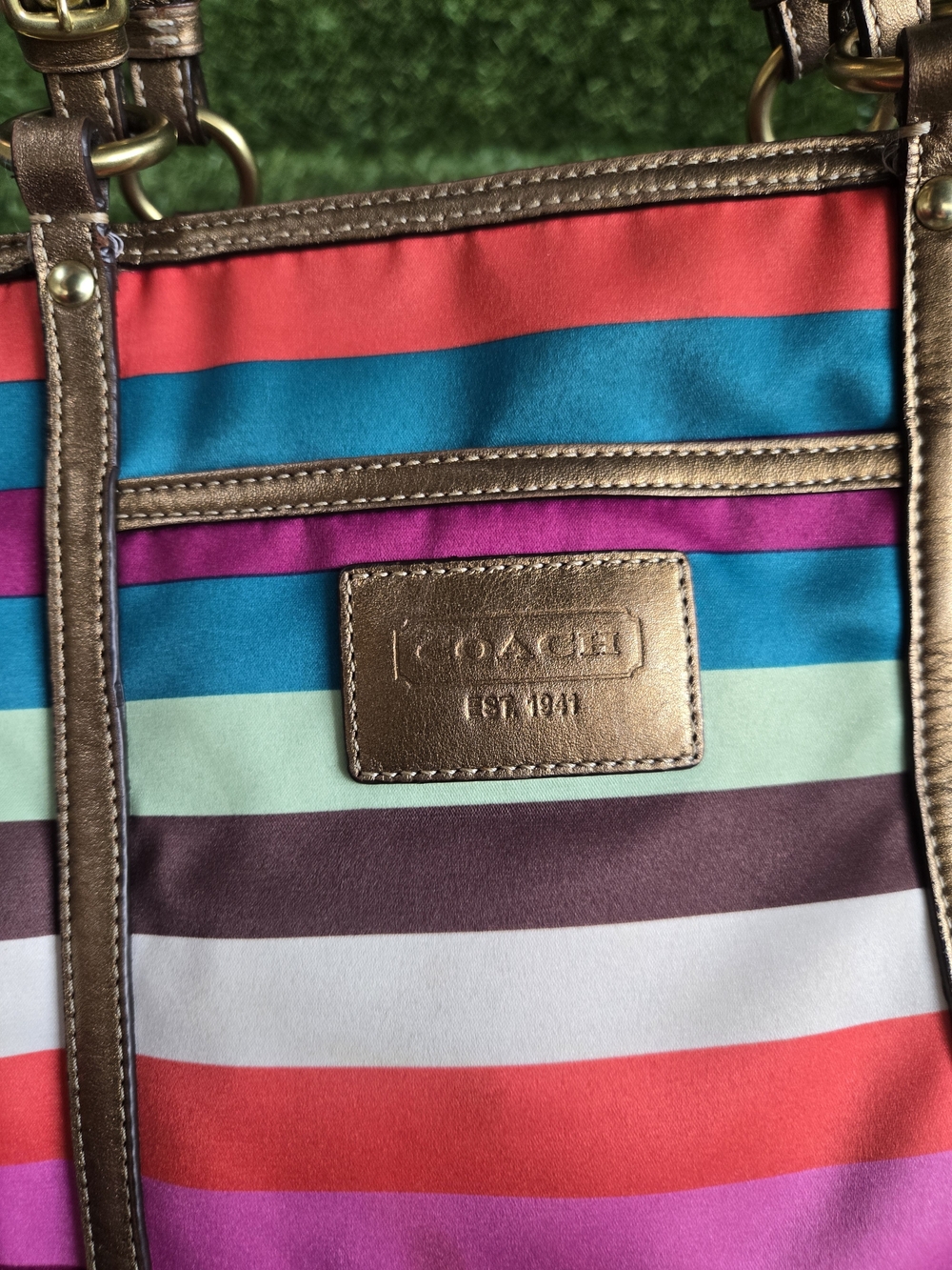 COACH Multicolor Striped Tote with Metallic Bronze Trim